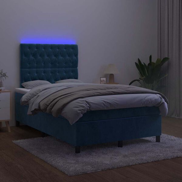 vidaXL Box spring postel s matrac&iacute; a LED tmavě modr&aacute; 120x190 cm samet