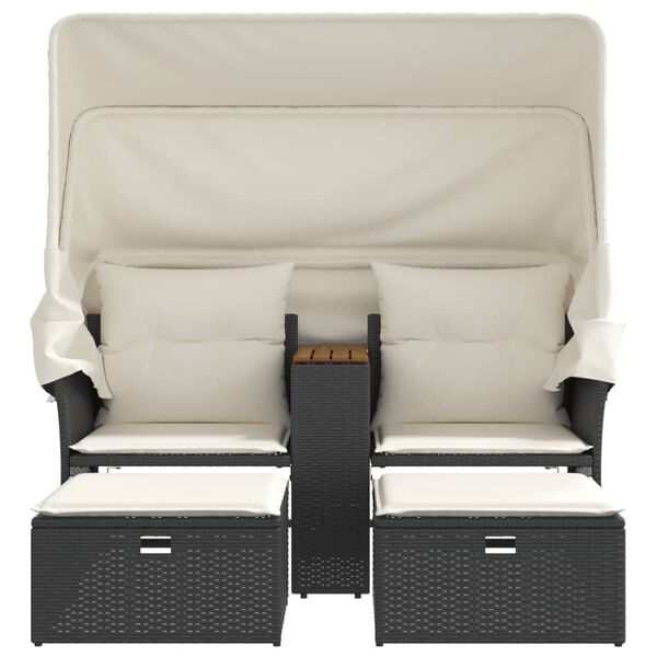 vidaXL Zahradní pohovka 2místná se stříškou a taburety černá polyratan