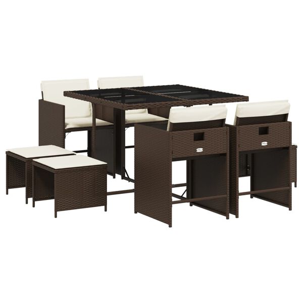 vidaXL 9d&iacute;ln&yacute; zahradn&iacute; j&iacute;deln&iacute; set s podu&scaron;kami hněd&yacute; polyratan