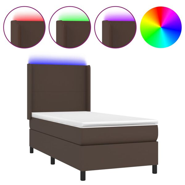 vidaXL Box spring postel s matrac&iacute; a LED hněd&aacute; 100x200 cm uměl&aacute; kůže