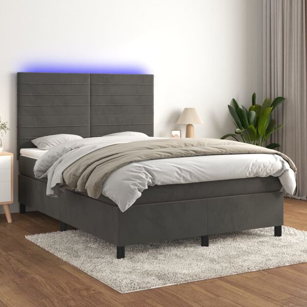 vidaXL Box spring postel s matrac&iacute; a LED tmavě &scaron;ed&aacute; 140x200 cm samet