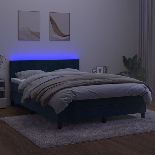 vidaXL Box spring postel s matrac&iacute; a LED tmavě modr&aacute; 140x190 cm samet