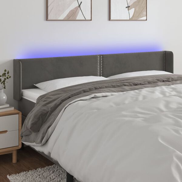 vidaXL Čelo postele s LED tmavě &scaron;ed&eacute; 163 x 16 x 78/88 cm samet