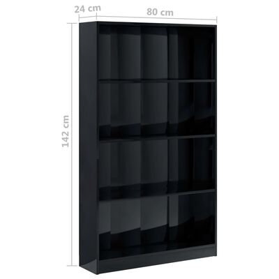 vidaXL 4patrová knihovna vysoký lesk černá 80x24x142 cm dřevotříska