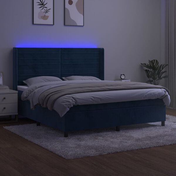 vidaXL Box spring postel s matrac&iacute; a LED tmavě modr&aacute; 160x200 cm samet