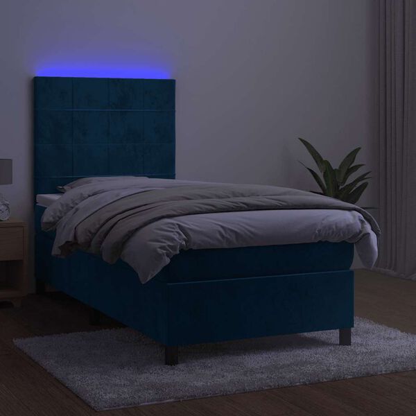 vidaXL Box spring postel s matrac&iacute; a LED tmavě modr&aacute; 90x190 cm samet