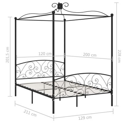 vidaXL Rám postele s nebesy černý kovový 120 x 200 cm
