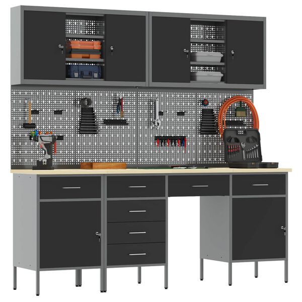 vidaXL Pracovn&iacute; skř&iacute;ň se z&aacute;suvkou 10 pcs Čern&aacute; Inžen&yacute;rsk&eacute; dřevo a ocel