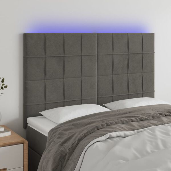 vidaXL Čelo postele s LED tmavě &scaron;ed&eacute; 144x5x118/128 cm samet