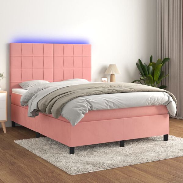 vidaXL Box spring postel s matrac&iacute; a LED růžov&aacute; 140x190 cm samet