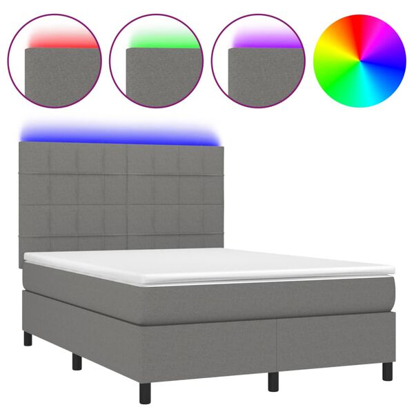 vidaXL Box spring postel s matrací a LED tmavě šedá 140x190 cm textil