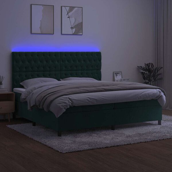 vidaXL Box spring postel s matrac&iacute; a LED tmavě zelen&aacute; 200x200 cm samet