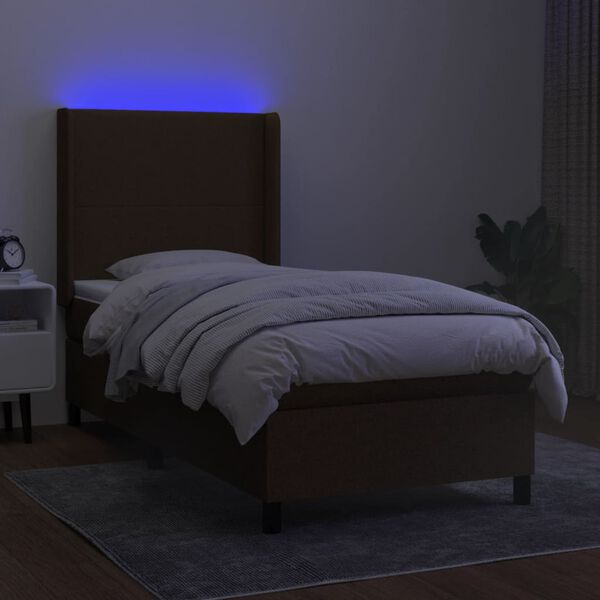 vidaXL Box spring postel s matrac&iacute; a LED tmavě hněd&aacute; 90x190 cm textil