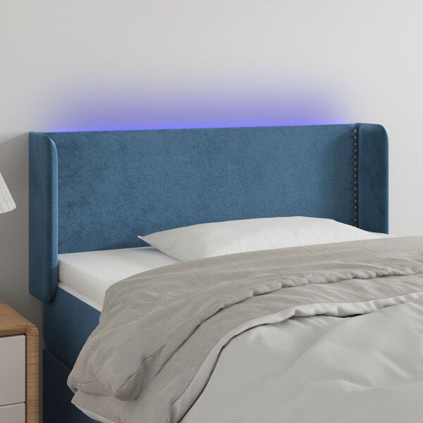 vidaXL Čelo postele s LED tmavě modr&eacute; 103 x 16 x 78/88 cm samet