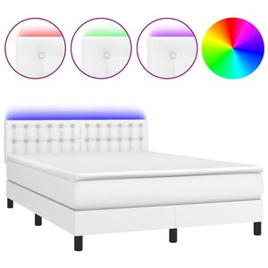 vidaXL Box spring postel s matrac&iacute; a LED b&iacute;l&aacute; 140x190 cm uměl&aacute; kůže