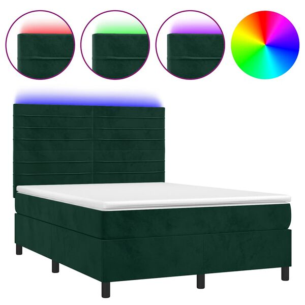 vidaXL Box spring postel s matrac&iacute; a LED tmavě zelen&aacute; 140x190 cm samet