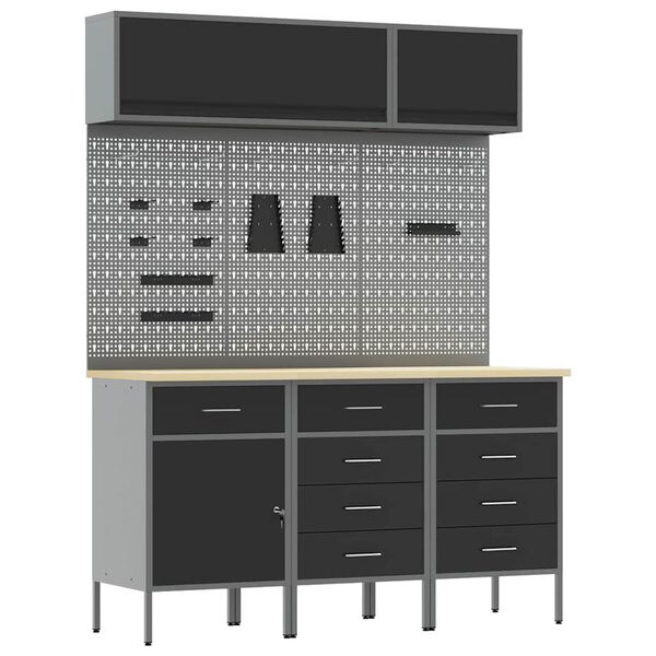 vidaXL Sada pracovn&iacute; skř&iacute;ně se z&aacute;suvkou s &uacute;loži&scaron;těm 8 pcs Čern&aacute;