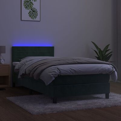 vidaXL Box spring postel s matrací a LED tmavě zelená 90x200 cm samet