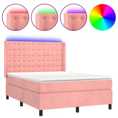 vidaXL Box spring postel s matrací a LED růžová 140x190 cm samet