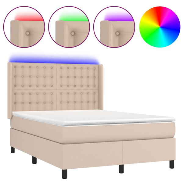 vidaXL Box spring postel matrace a LED cappuccino 140x200cm uměl&aacute; kůže