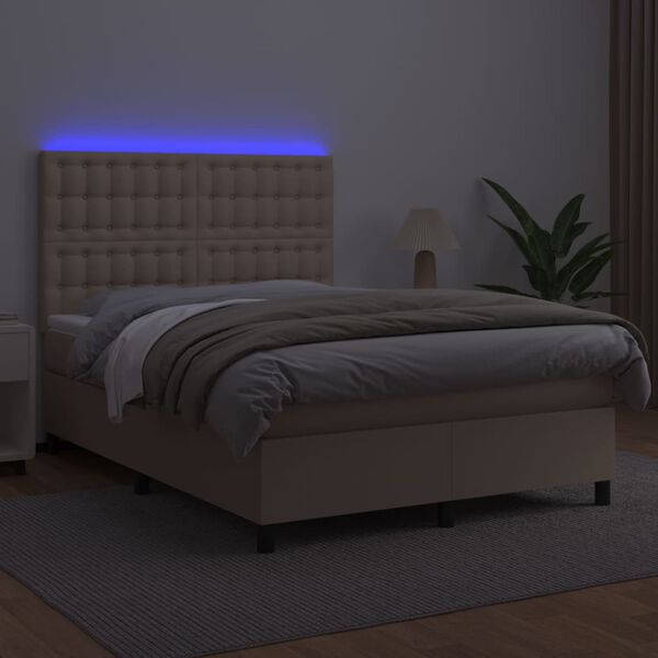 vidaXL Box spring postel matrace a LED cappuccino 140x200cm uměl&aacute; kůže