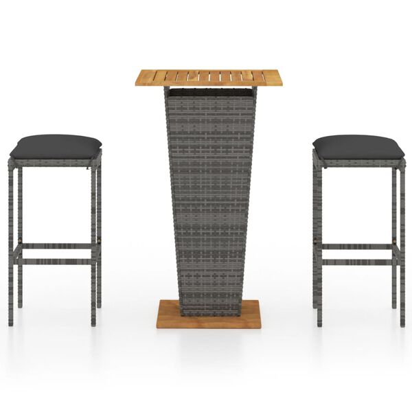 vidaXL 3dílný zahradní barový set s poduškami polyratan šedý