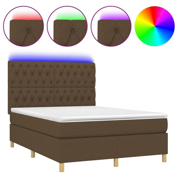 vidaXL Box spring postel s matrac&iacute; a LED tmavě hněd&aacute; 140x190 cm textil