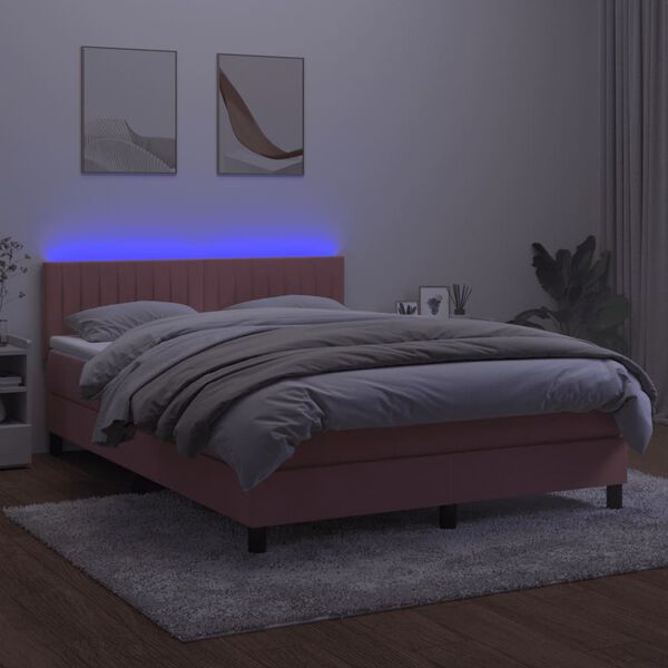 vidaXL Box spring postel s matrac&iacute; a LED růžov&aacute; 140x200 cm samet