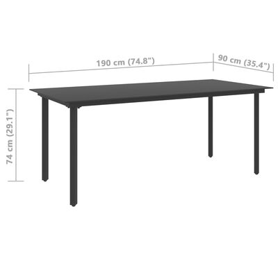 vidaXL Zahradní jídelní stůl černý 190 x 90 x 74 cm ocel a sklo