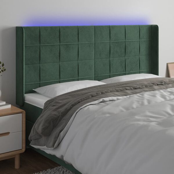 vidaXL Čelo postele s LED tmavě zelen&eacute; 163 x 16 x 118/128 cm samet