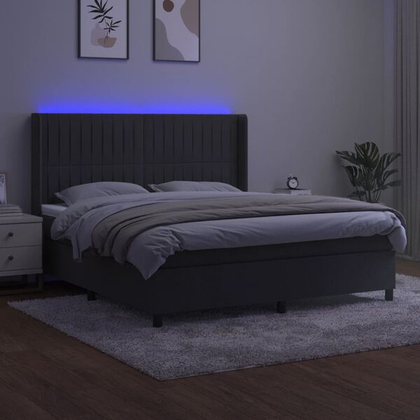 vidaXL Box spring postel s matrac&iacute; a LED tmavě &scaron;ed&aacute; 160x200 cm samet