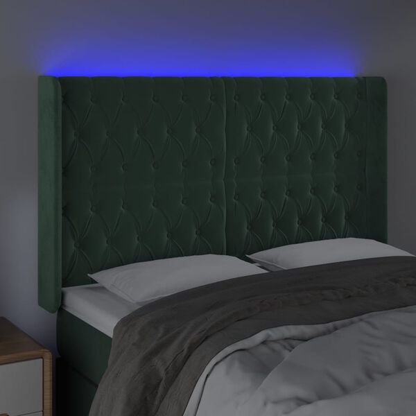 vidaXL Čelo postele s LED tmavě zelen&eacute; 147 x 16 x 118/128 cm samet