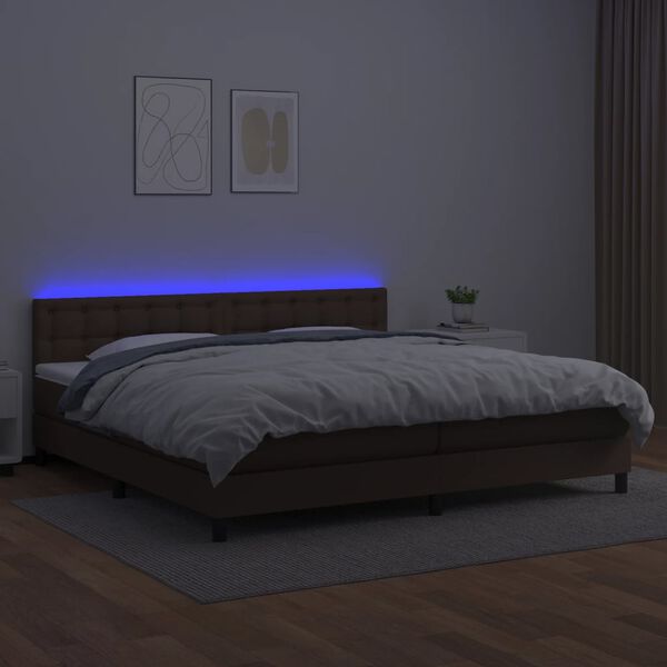 vidaXL Box spring postel s matrac&iacute; a LED hněd&aacute; 200x200 cm uměl&aacute; kůže