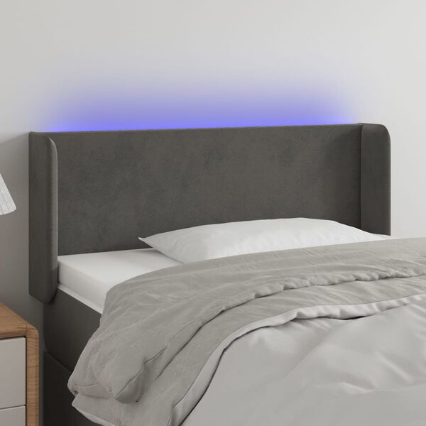 vidaXL Čelo postele s LED tmavě &scaron;ed&eacute; 103 x 16 x 78/88 cm samet
