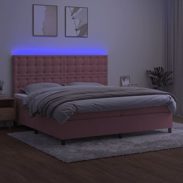 vidaXL Box spring postel s matrac&iacute; a LED růžov&aacute; 200x200 cm samet