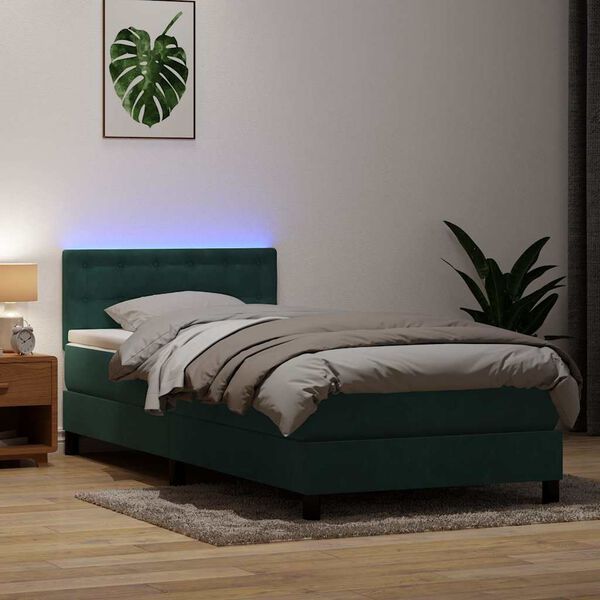 vidaXL Box spring postel s matrac&iacute; a LED tmavě zelen&aacute; 100x220 cm samet