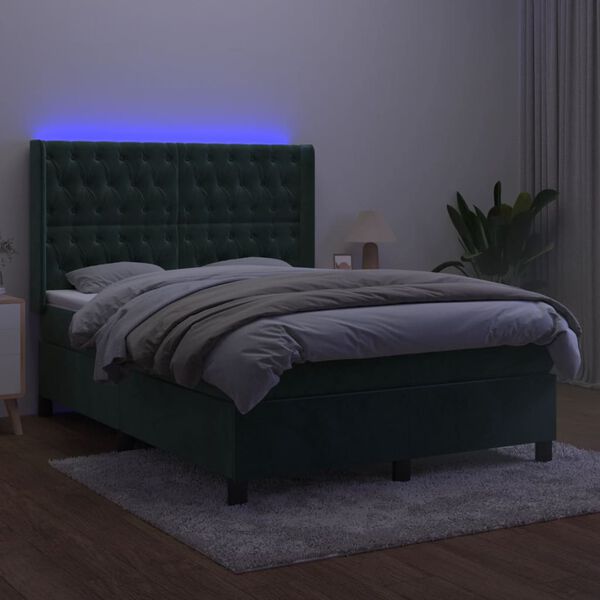vidaXL Box spring postel s matrac&iacute; a LED tmavě zelen&aacute; 140x190 cm samet