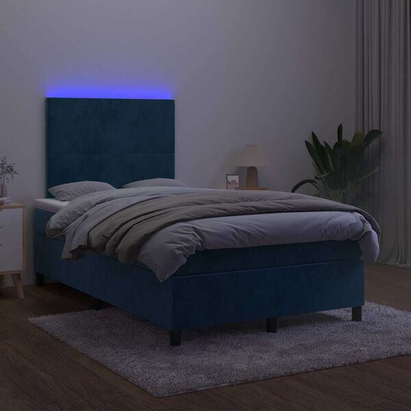 vidaXL Box spring postel s matrac&iacute; a LED tmavě modr&aacute; 120x190 cm samet