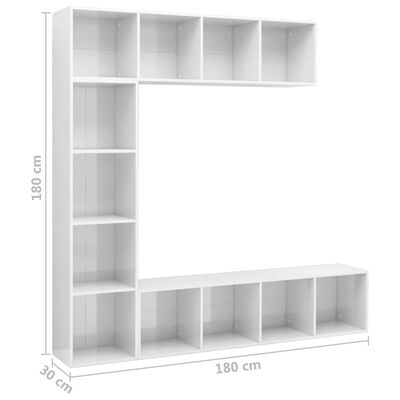 vidaXL 3dílná TV skříňka a knihovna vysoký lesk bílá 180 x 30 x 180 cm