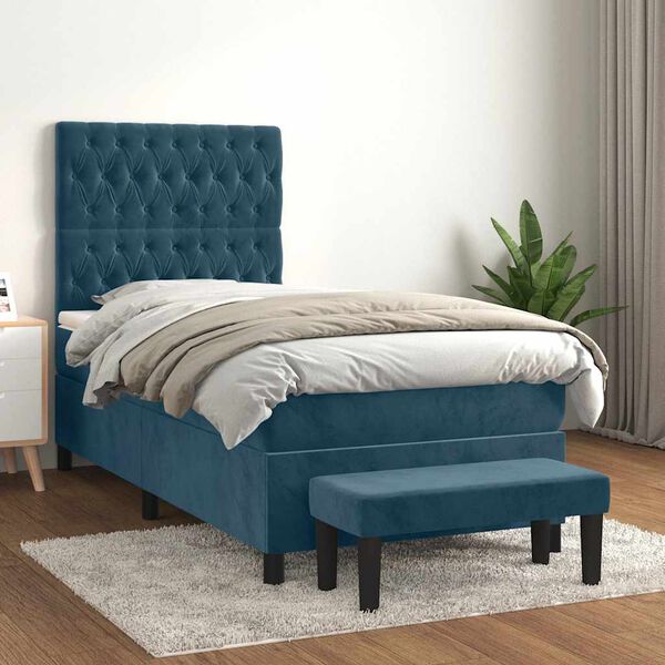 vidaXL Box spring postel s matrac&iacute; tmavě modr&aacute; 90x200 cm samet