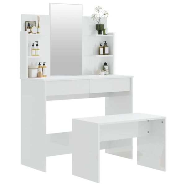 vidaXL Toaletn&iacute; stolek sada b&iacute;l&yacute; s vysok&yacute;m leskem 96 x 40 x 142 cm