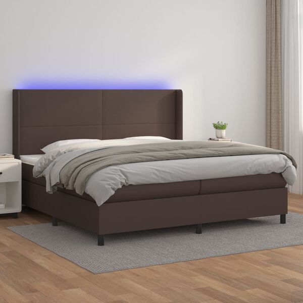 vidaXL Box spring postel s matrac&iacute; a LED hněd&aacute; 200x200 cm uměl&aacute; kůže