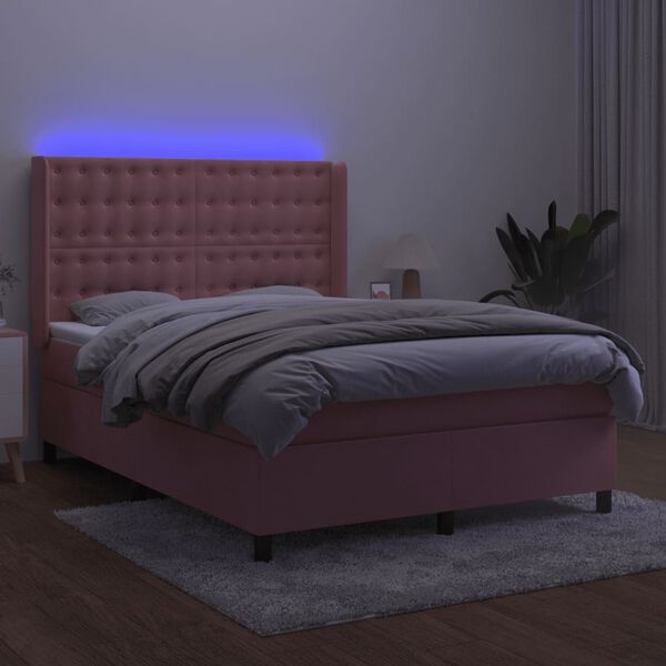 vidaXL Box spring postel s matrac&iacute; a LED růžov&aacute; 140x200 cm samet