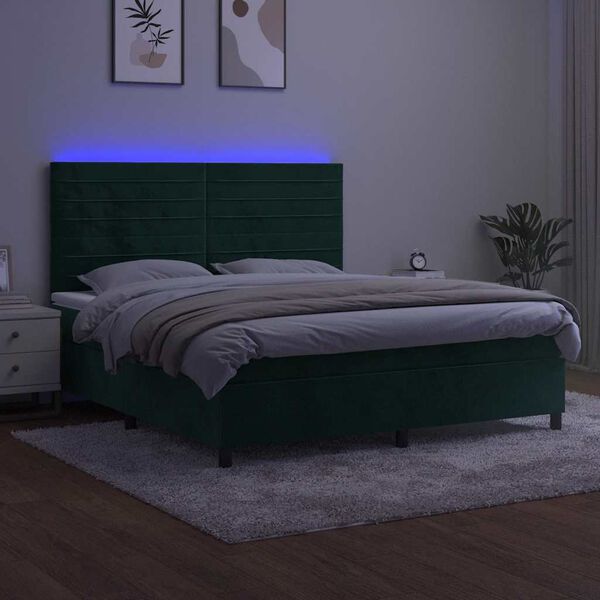 vidaXL Box spring postel s matrac&iacute; a LED tmavě zelen&aacute; 160x200 cm samet