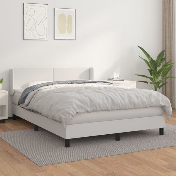 vidaXL Box spring postel s matrac&iacute; b&iacute;l&aacute; 140 x 190 cm uměl&aacute; kůže