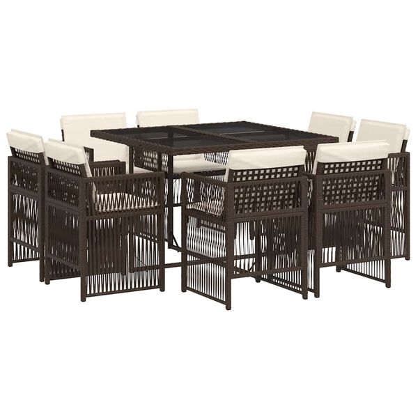 vidaXL 9d&iacute;ln&yacute; zahradn&iacute; j&iacute;deln&iacute; set s podu&scaron;kami hněd&yacute; polyratan