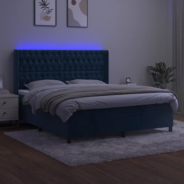 vidaXL Box spring postel s matrac&iacute; a LED tmavě modr&aacute; 180x200 cm samet