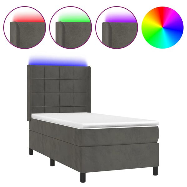 vidaXL Box spring postel s matrac&iacute; a LED tmavě &scaron;ed&aacute; 90x200 cm samet