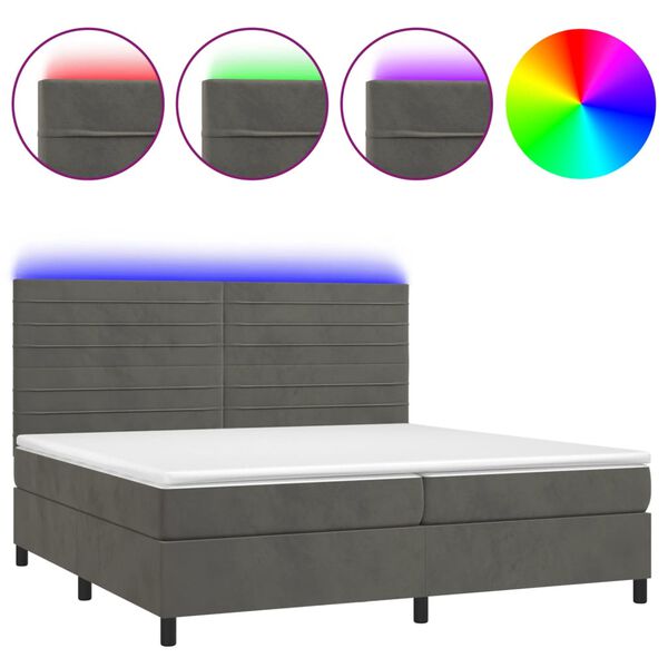 vidaXL Box spring postel s matrac&iacute; a LED tmavě &scaron;ed&aacute; 200x200 cm samet