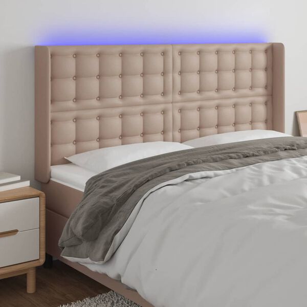 vidaXL Čelo postele s LED cappuccino 147 x 16 x 118/128 cm uměl&aacute; kůže